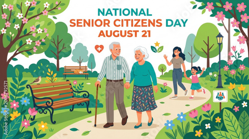 Celebrating senior citizens day with generational harmony in a vibrant park setting with depicts illustrated scene intergenerational bonding bright
