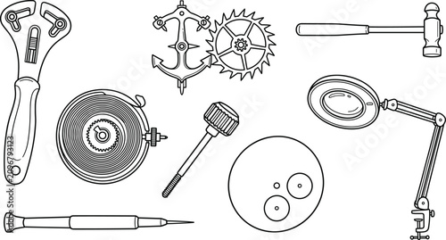 фотографія Watchmaker Repair Tools Line Art Vector Set Featuring Case Opener Wrench Escapem