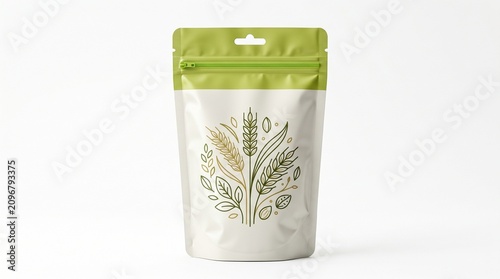 Eco-friendly stand-up pouch with cereal grain illustration, organic food packaging mockup, green and white doy-pack for seeds or granola