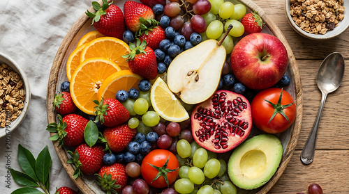 Assorted fruit platter with strawberries, blueberries, grapes, sliced oranges, pear, apple, pomegranate, tomato, and avocado on a wooden tray