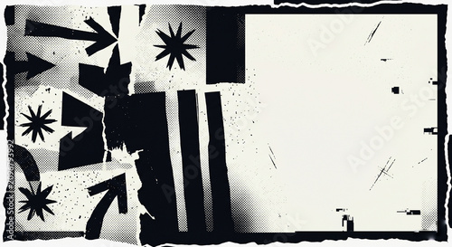 Quadro su tela Vintage zine style monochrome collage background with torn paper edges, xerox scan lines, and distressed halftone textures