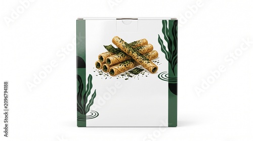 Seaweed wafer roll packaging mockup, crispy snack box design with seaweed illustrations, white cardboard food container on plain background