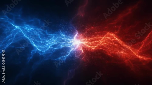 Abstract digital energy flow with blue and red lightning clash