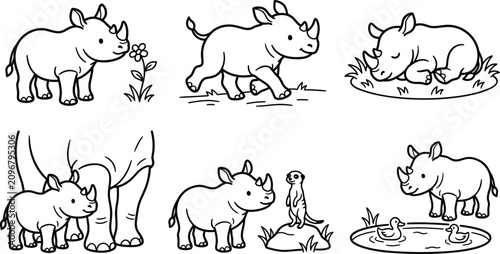 Canvastavla Cute Baby Rhino Character Line Art Vector Set Featuring Rhinoceros Smelling Flow