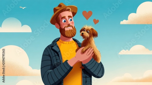 Man holding dog outdoors affectionate illustration