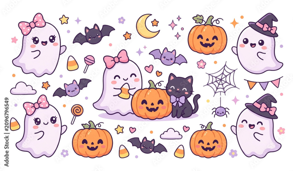 Obraz premium Cute Halloween Ghosts with Pink Bows and Pumpkins Vector Set