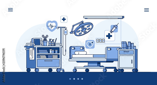 Hospital Room Scene Displayed In Blue And White Colors With Essential Medical Equipment