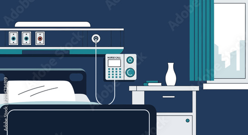 Hospital Room Interior Illustration with Nurse Call System and City View Outside Window