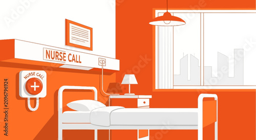 Hospital Room Interior Illustration with Nurse Call Sign and Urban Landscape View