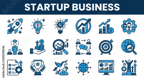 Startup business innovation finance management and strategic planning icon collection with leadership analytics teamwork marketing and growth concepts