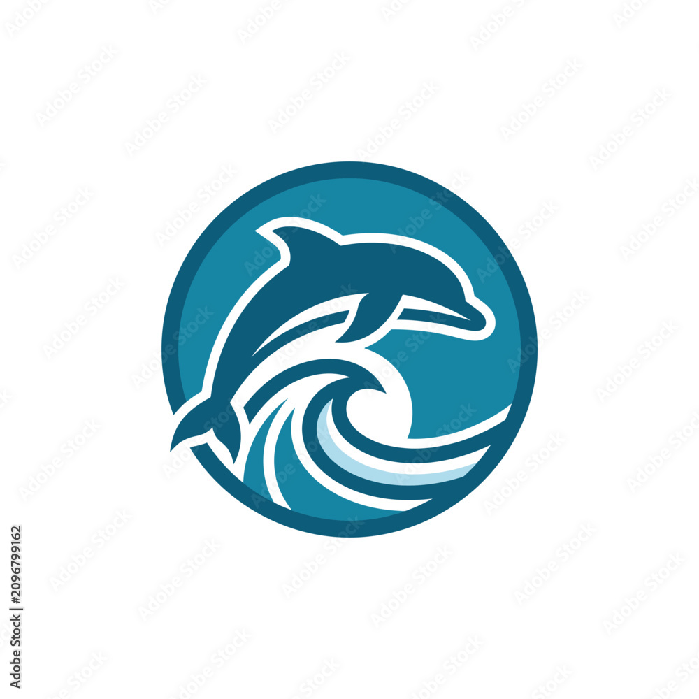 Fototapeta premium Stylized Dolphin Jumping Over Sea Wave Circular Emblem