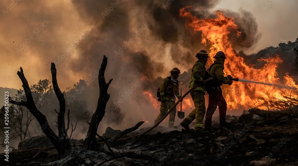 Fototapeta premium Firefighters Battling Massive Wildfire with Water Hose