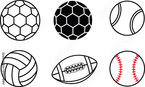 Fotografie Clean set of minimalist sports ball icons showcasing energetic athletic play through soccer, tennis, and football graphic designs