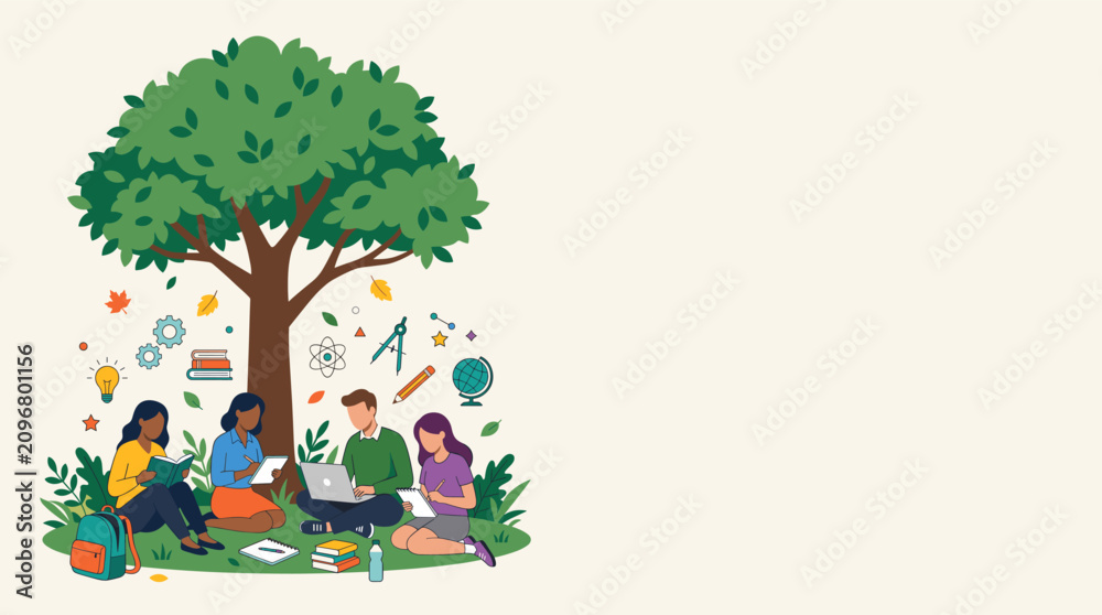 Fototapeta premium Students sit beneath a large green tree studying together with educational icons floating around them.