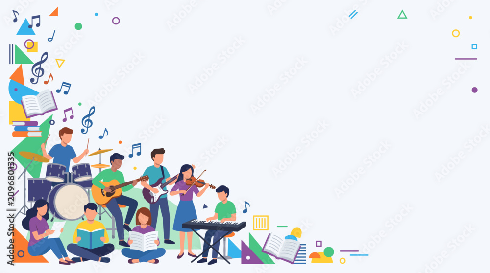 Fototapeta premium Musical band members performing instruments and students reading books surround the text area in this educational illustration.