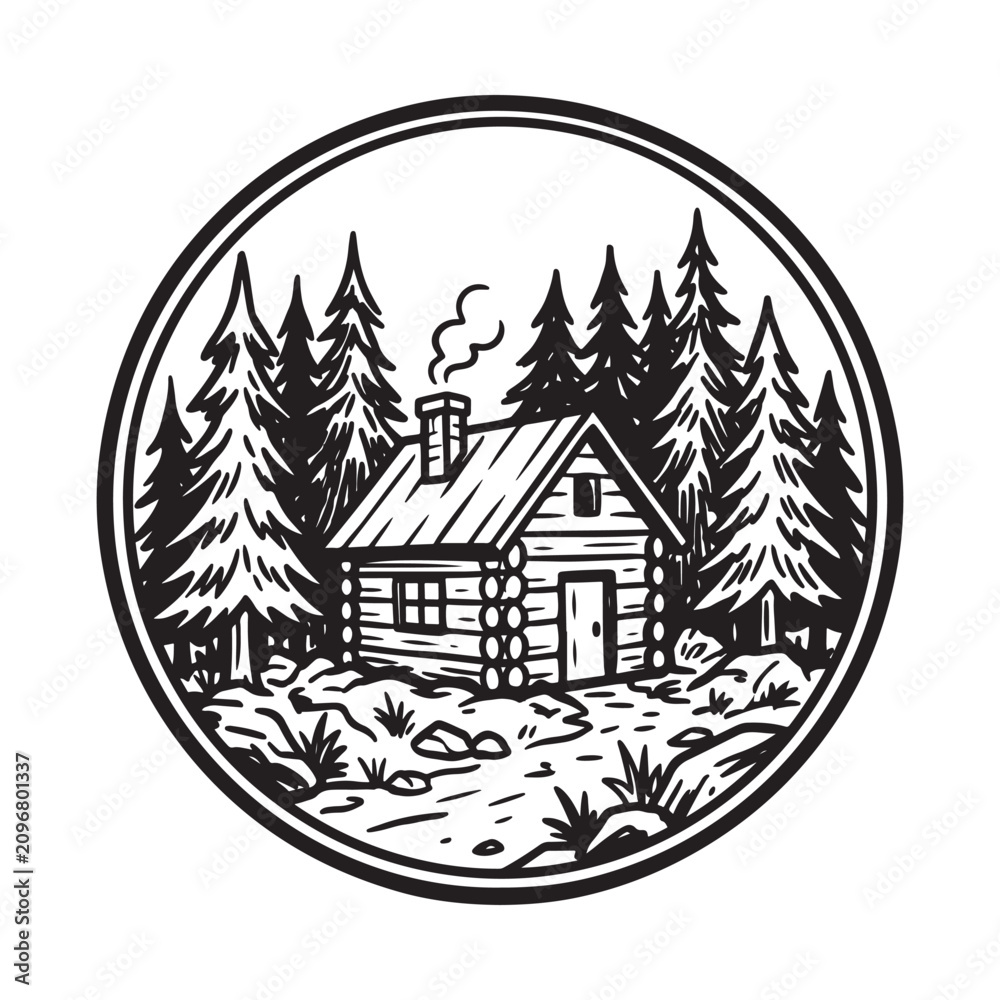 Obraz premium Rustic log cabin in a pine forest vintage circle emblem