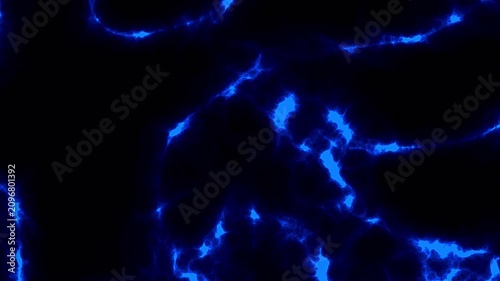 Microscopic view of glowing blue biological structures moving.