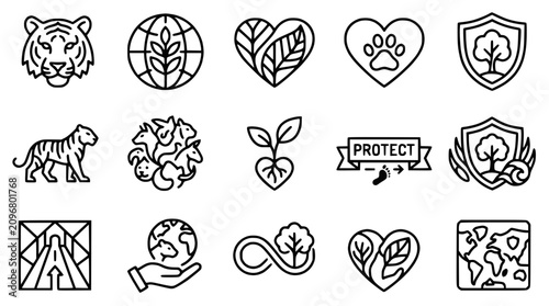 Cuadro en lienzo Nature Conservation Icons: Tiger, Earth, Heart, Shield, Tree, Protect, Animals