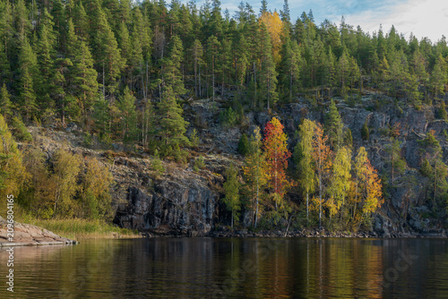 Rocky shores of Lake Ladoga near the village of Lumivaara on a sunny autumn day, Ladoga Skerries, Lahdenpohya, Republic of Karelia, Russia