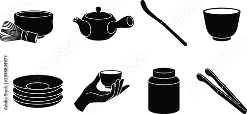 Bild auf Leinwand Set of traditional Japanese tea ceremony utensils and matcha accessories black s
