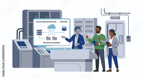 Data Center Technicians Analyzing Servers and Network Equipment.