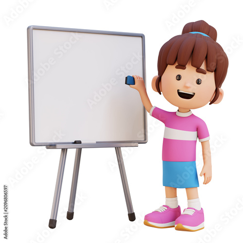 3D Kid Girl Erasing Whiteboard Classroom Activity Concept