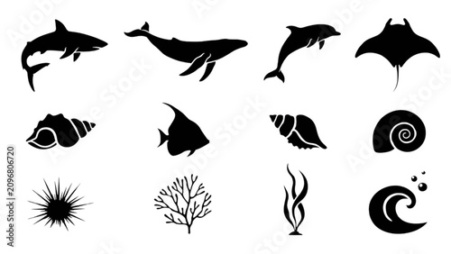 Photography Black and white vector icons of marine animals and ocean elements