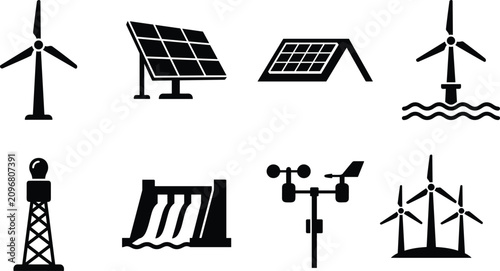 Photos Renewable energy and green technology black silhouette icon set including wind t
