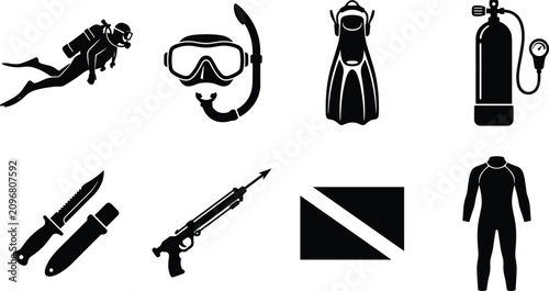 Foto Collection of scuba diving equipment and water sports icons including diver, mas