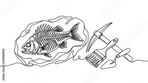 фотографія Continuous Line Art: Fish Fossil Excavation Tools, Paleontology Concept