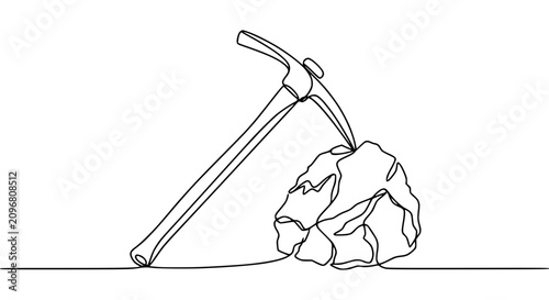 Fotografie Continuous line drawing of a pickaxe striking a rock, symbolizing mining, geology, and hard work
