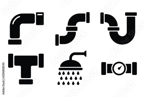 Fotografía Collection of plumbing and pipe system service icons in black and white with t j