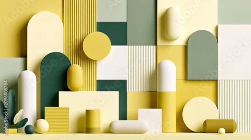 Obraz Geometric architectural wall with yellow and green shapes.