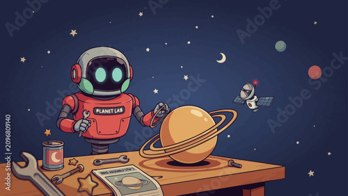 Robot repairing planet Saturn in space workshop repair maintenance astronaut spacecraft