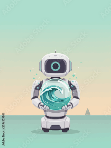 Robot holding swirling wave on beach background ocean sea teal white illustration