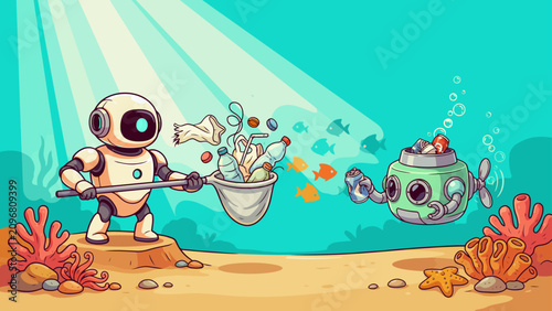 Robot collecting sea creatures underwater with fish ocean cartoon illustration