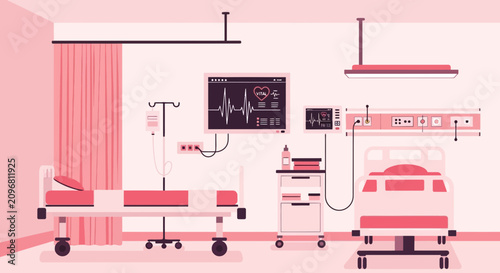 Hospital Room Interior Illustration With Medical Equipment And Patient Monitoring Devices Design