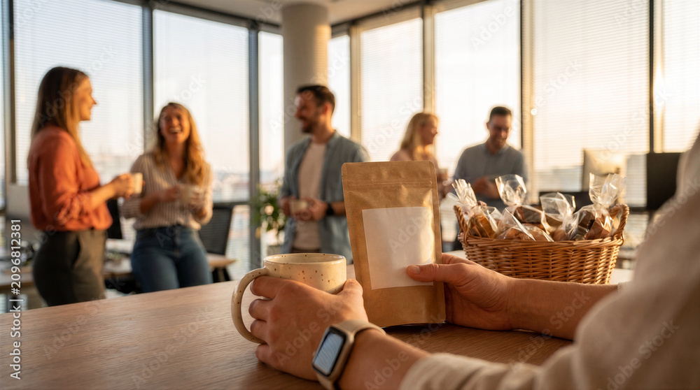 Fototapeta premium Closeup of a person holding a coffee bag and a mug in an office setting with colleagues chatting in the background during a break