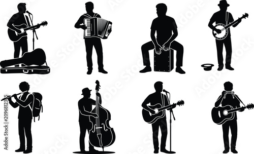 Canvastavla Street Musician Silhouette Collection Featuring Guitar Accordion Banjo Flute Har
