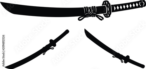 Foto Black Japanese Katana Sword Isolated on White Background with Traditional Samura
