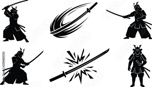 Foto Samurai warrior silhouette set with katana swords and battle action poses isolat