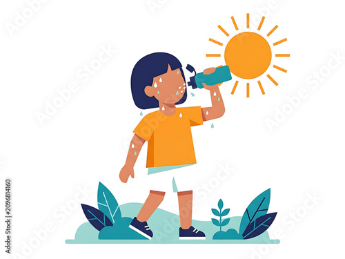 Child Drinking Water During Extreme Heat | Flat Vector Illustration