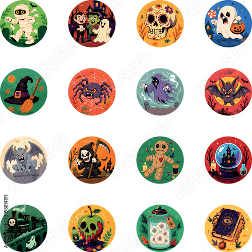 Cute Halloween illustrations featuring mummies, ghosts, monsters, magical objects, creepy plants, haunted transportation, and spooky collectibles. 
