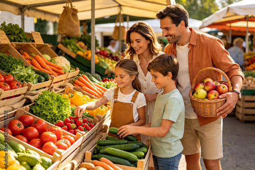 Family shopping fresh produce at outdoor market with apples and vegetables