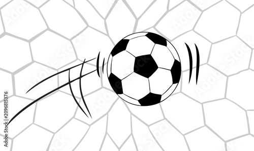 Foto A black and white soccer ball with motion lines is depicted flying into the back of a hexagonal-patterned soccer net, symbolizing a goal being scored
