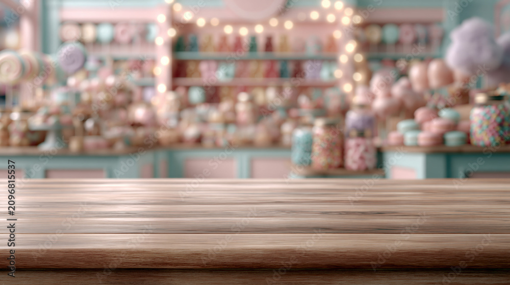 Fototapeta premium Wooden table pastel shop blurred background empty surface retail interior decorative shelf soft light craft store wood texture copy space