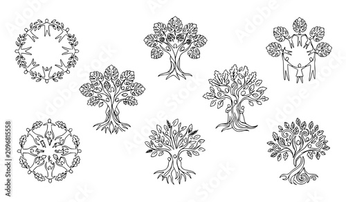 фотографія Abstract Tree of Life Line Art Vector Set Featuring People Figures and Roots Rep