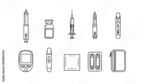 Foto Diabetes Medical Equipment Icon Set featuring Insulin Pen, Glucose Monitor, Syri