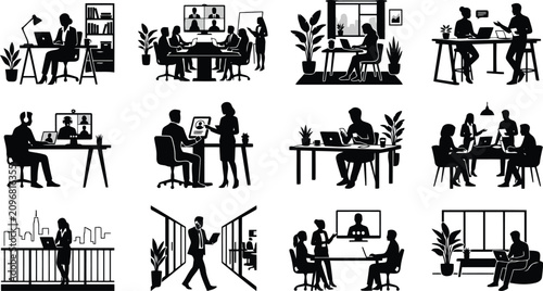 Bild auf Leinwand Twelve black silhouette showing various modern office and remote work scenarios