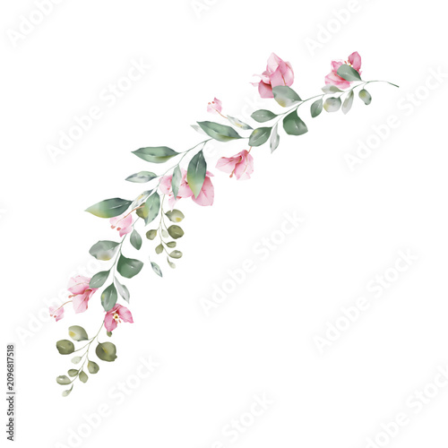 Minimalist watercolor branch curving elegantly with soft pink bougainvillea b...
